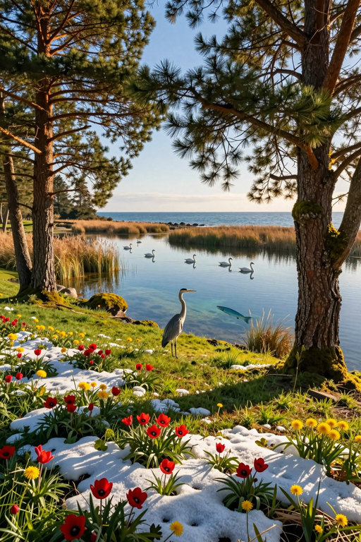 A grey heron stands by a tranquil lake surrounded by blooming tulips and melting snow.
