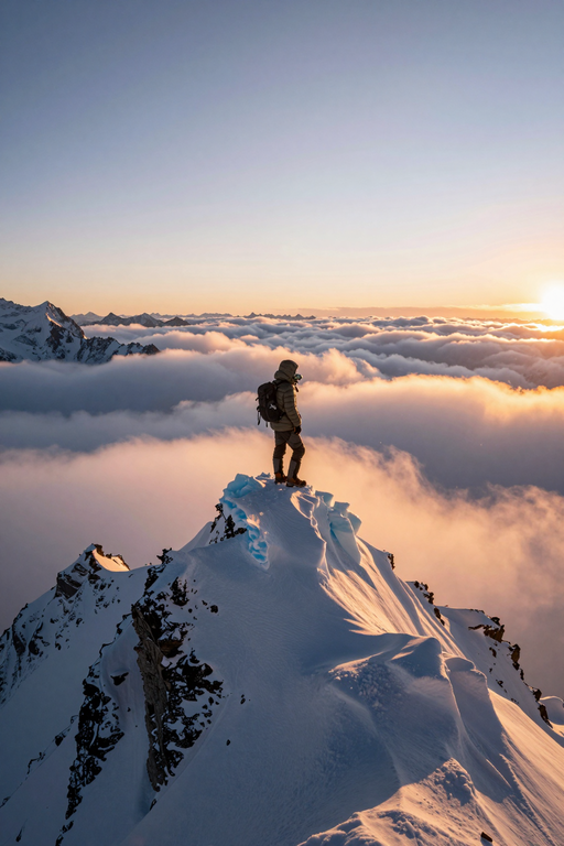 A lone hiker stands atop a snowy mountain ridge overlooking a vast sea of clouds at sunrise.