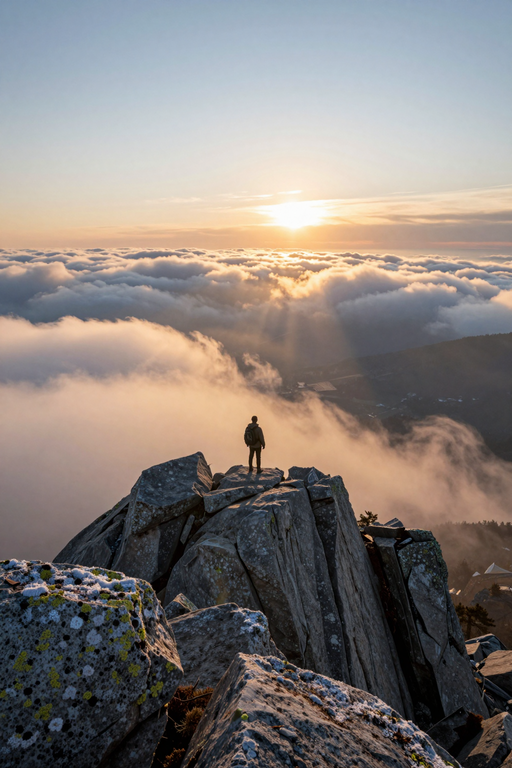 A lone hiker stands atop a rocky mountain peak overlooking a sea of clouds at sunset.