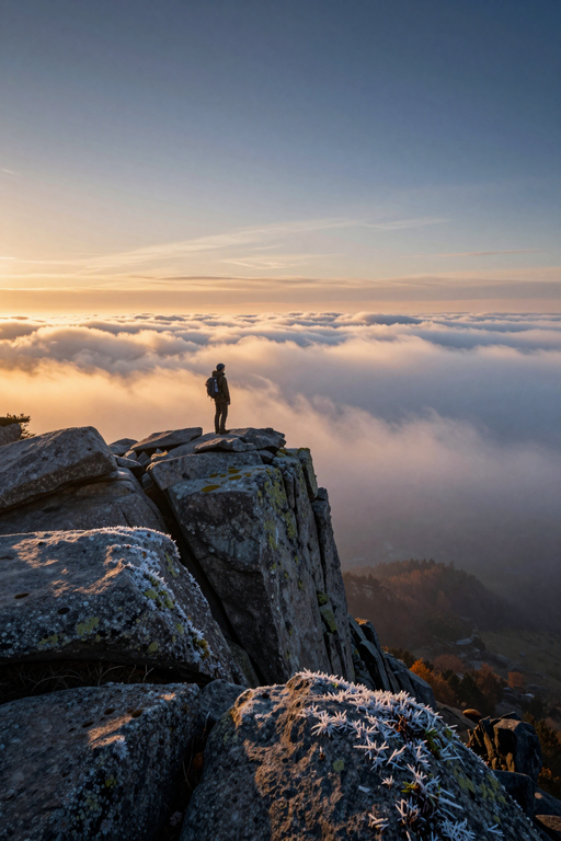 A solitary hiker stands on a rocky cliff overlooking a vast sea of clouds at sunset.