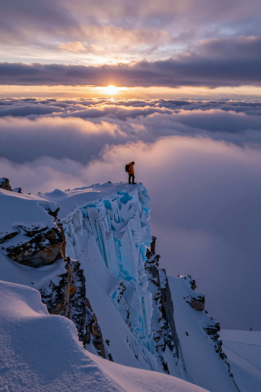A lone hiker stands atop a snowy mountain peak overlooking a vast sea of clouds at sunset.