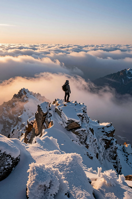 A lone hiker stands atop a snow-covered mountain peak above a sea of clouds.