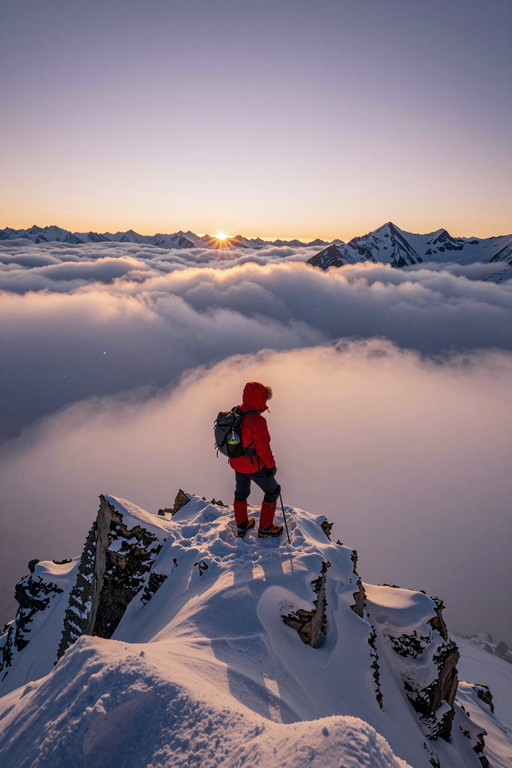 A lone hiker stands atop a snowy mountain peak overlooking a sea of clouds at sunrise.