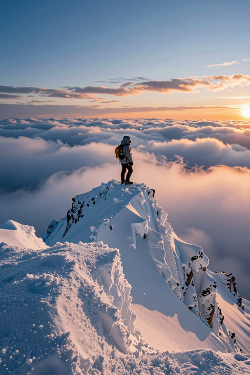 A lone hiker stands atop a snowy mountain peak overlooking a sea of clouds at sunset.