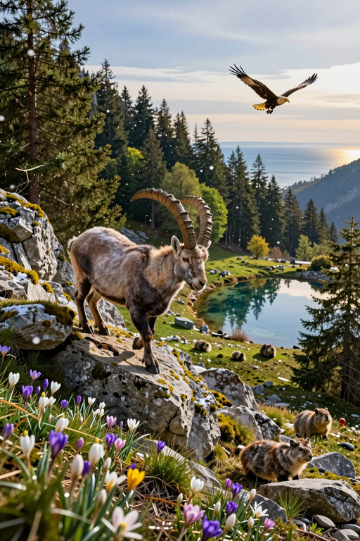 An ibex stands on a rocky slope overlooking a mountain lake as an eagle flies overhead.