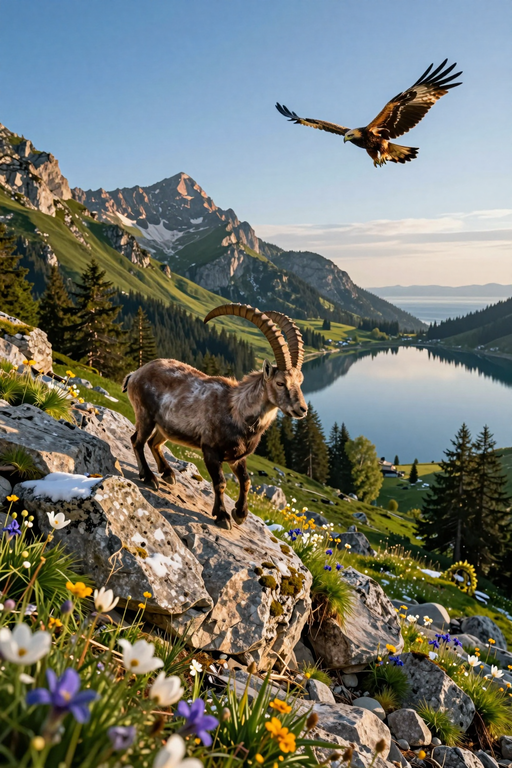 A wild ibex stands on a rocky slope overlooking a serene mountain lake with an eagle soaring above.