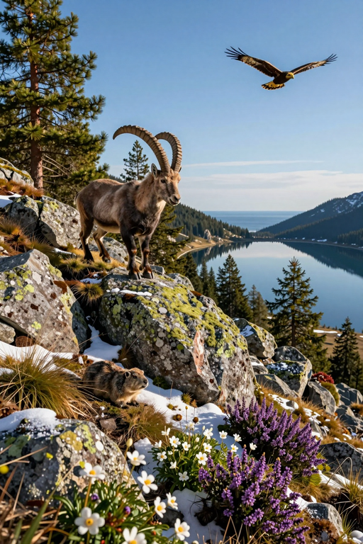 A majestic ibex stands on rocky cliffs overlooking a serene mountain lake with an eagle soaring above.