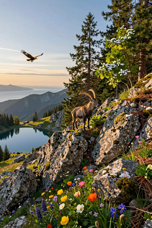 An ibex stands on rocky terrain overlooking a mountain lake as an eagle flies overhead.