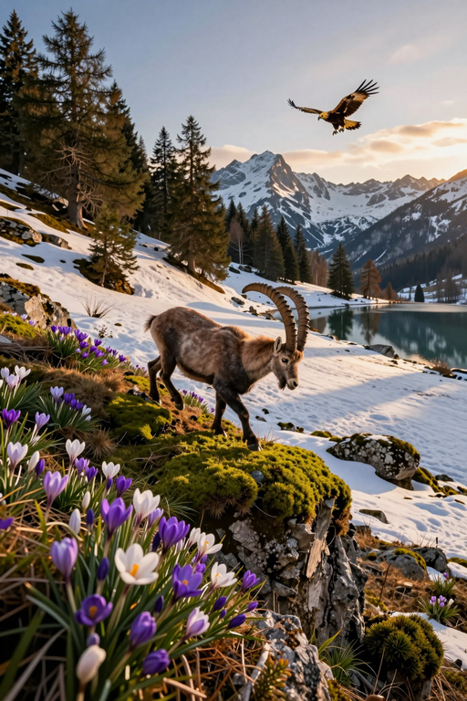 An ibex stands on a snowy slope near purple wildflowers with an eagle flying over mountain peaks.
