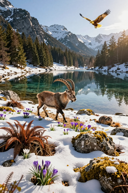 A majestic ibex stands in a snowy alpine landscape near a clear lake under a flying eagle.