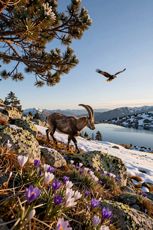 A wild ibex stands on a snowy mountain slope with an eagle flying in the background.