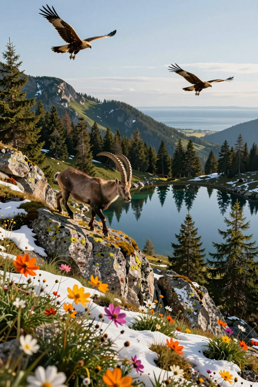 A majestic ibex stands on a rocky ledge overlooking a mountain lake with eagles soaring above.