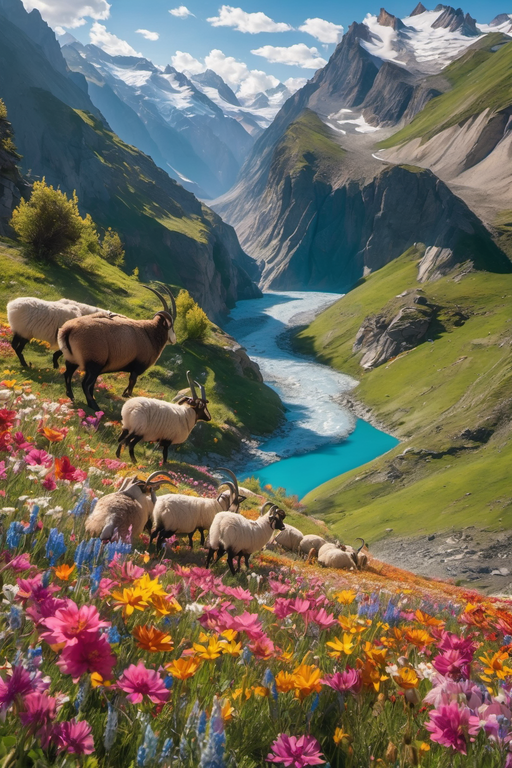 A herd of ibex grazes on a lush, flower-filled mountain slope overlooking a turquoise river.