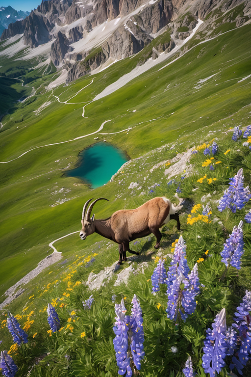 A wild ibex stands on a rocky mountain slope surrounded by vibrant purple lupine flowers.