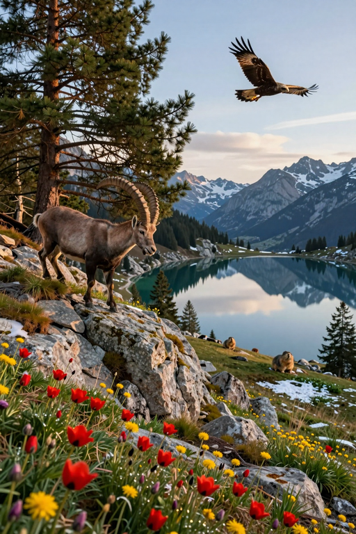 A majestic ibex stands on a rocky cliff overlooking a serene mountain lake with an eagle flying above.