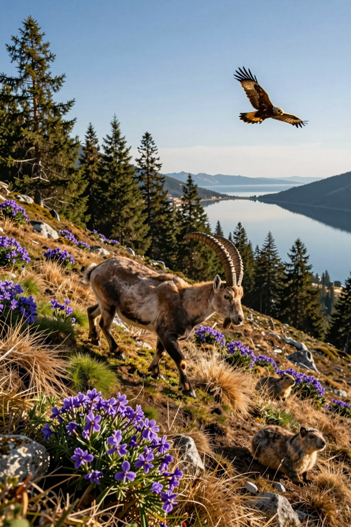 An ibex walks through a mountain meadow with wildflowers near a serene lake under a clear sky.