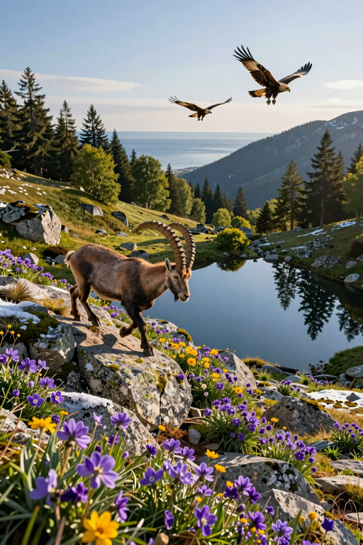 A majestic ibex stands among wildflowers overlooking a serene mountain lake with eagles flying above.