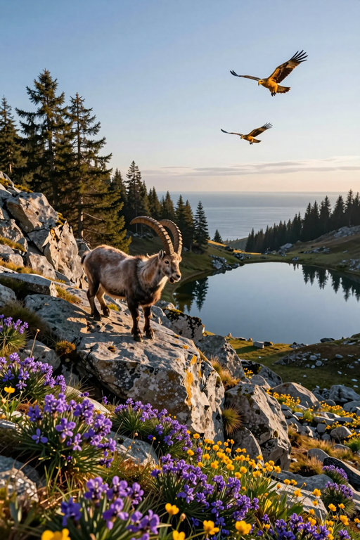 An ibex stands on a rocky ledge overlooking a mountain lake with eagles soaring in the sky.