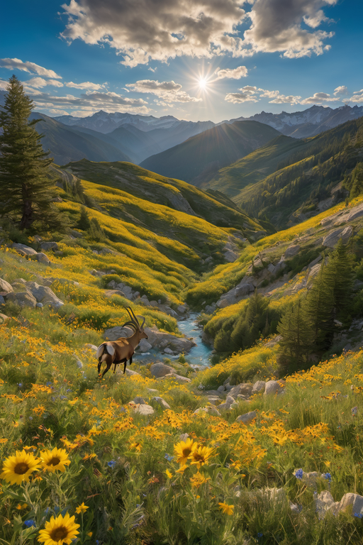 An ibex stands amidst a vibrant field of yellow wildflowers in a sunlit mountain valley.