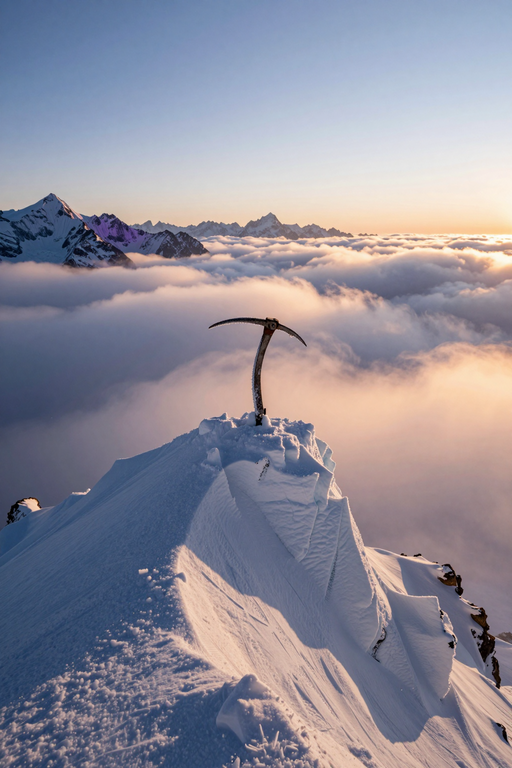 An ice axe stands atop a snowy mountain peak above a sea of clouds at sunrise.