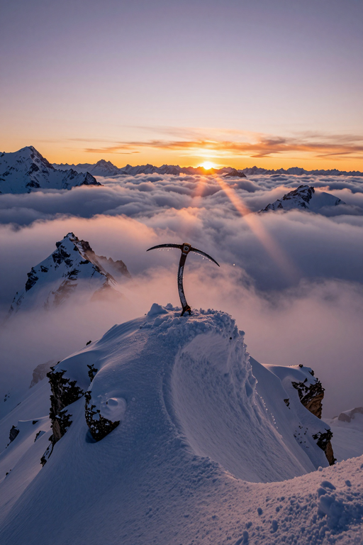 An ice axe stands atop a snowy mountain peak above a sea of clouds at sunrise.
