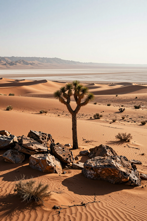 A solitary Joshua tree stands amidst rippled sand dunes under a clear blue sky.