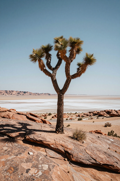 Un solitario albero di Joshua si erge in un terreno desertico roccioso che domina vaste distese di sale bianco.