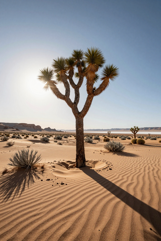 A lone Joshua tree stands amidst rippling sand dunes in a vast desert landscape.