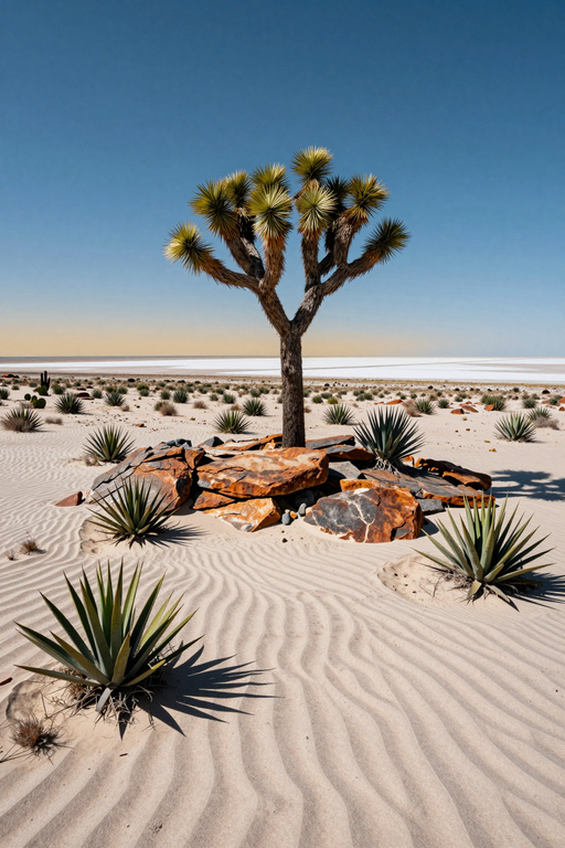 A solitary Joshua tree stands amidst rippled sand dunes near a vast white salt pan under a clear sky.