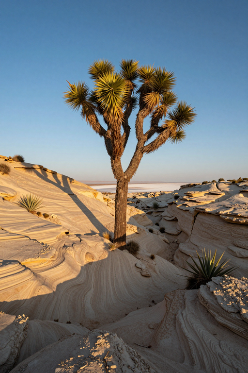 A solitary Joshua tree stands amidst wavy sandstone rock formations under a clear blue sky.