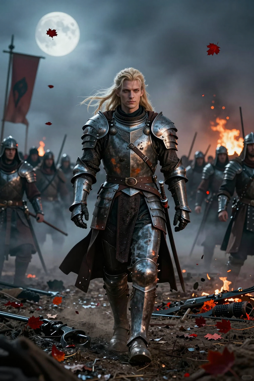 A blonde knight in full plate armor walks through a battlefield under a bright full moon.