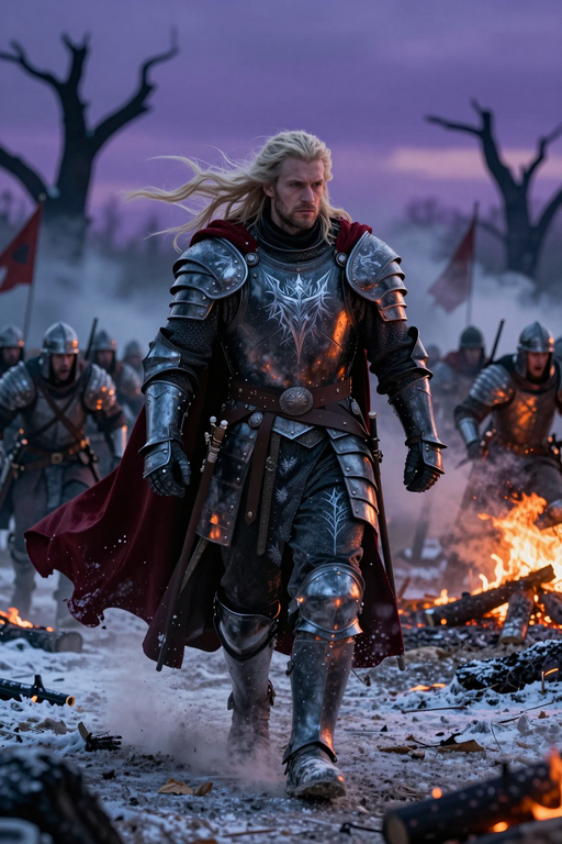 A blonde knight in silver armor and a red cape walks through a snowy battlefield.