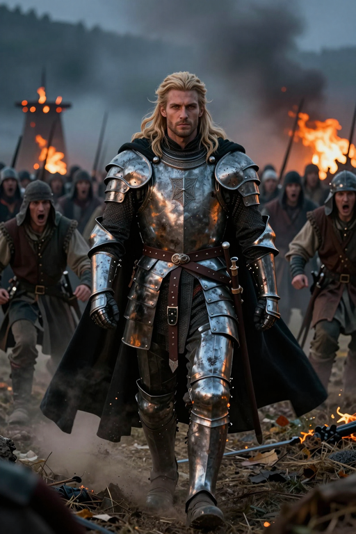 A blonde knight in full plate armor walks through a smoky, fiery battlefield.