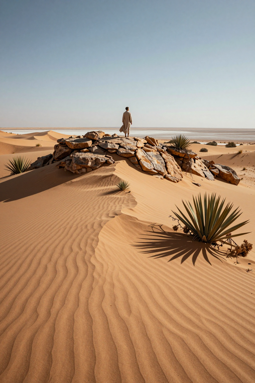 A lone figure stands atop rocky outcrops overlooking vast, rippled sand dunes under a clear sky.