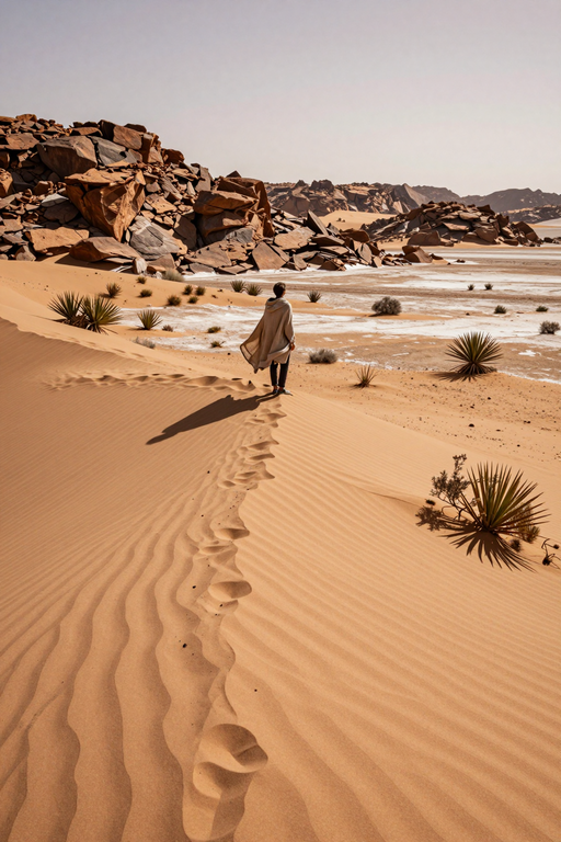 A lone traveler walks across rippled sand dunes towards rocky mountains in a vast desert landscape.