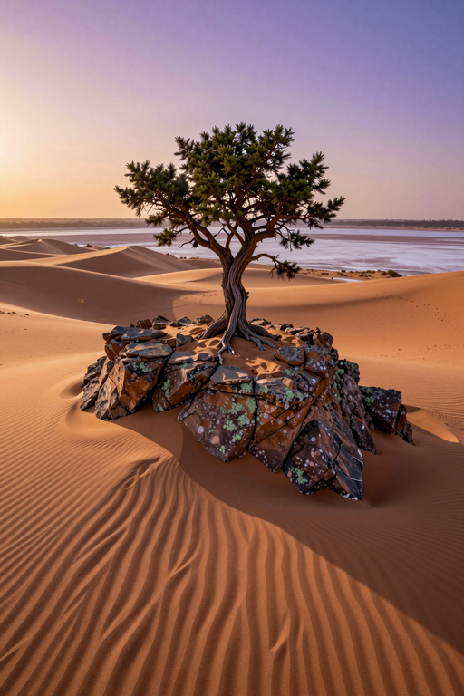 A single resilient tree grows from a rocky outcrop amidst vast, undulating sand dunes at sunset.