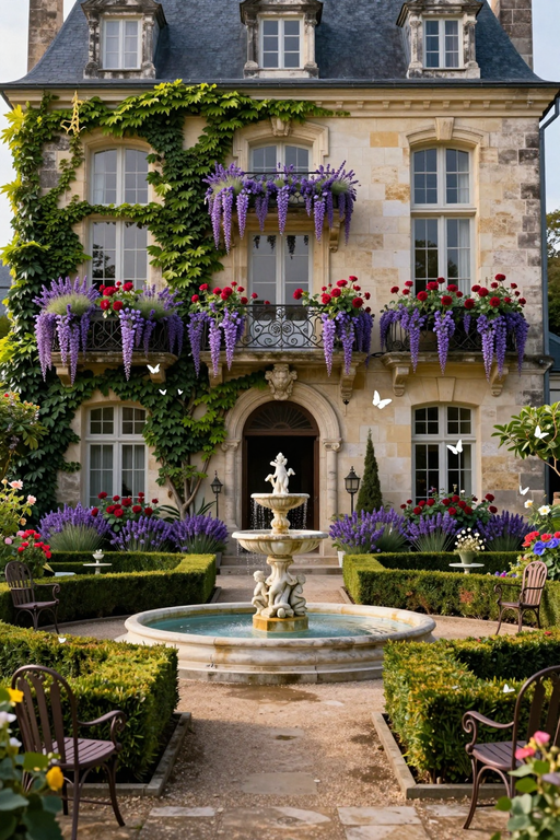 A beautiful stone manor featuring a tiered fountain surrounded by lush gardens and purple wisteria.