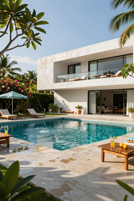 A luxurious modern white villa with a sparkling swimming pool surrounded by tropical palm trees.