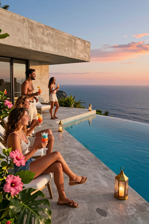A group of people enjoying cocktails by an infinity pool overlooking the ocean at sunset.