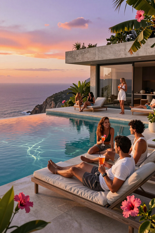 A group of friends enjoying cocktails by an infinity pool during a beautiful ocean sunset.