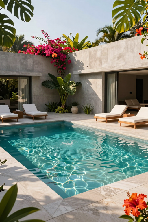 A luxurious modern swimming pool surrounded by tropical greenery and vibrant pink bougainvillea flowers.