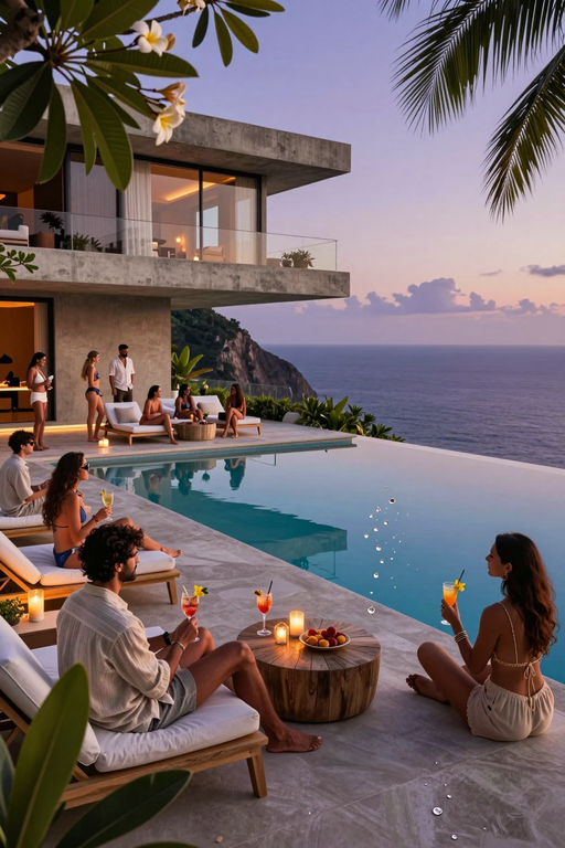 A group of people enjoying cocktails by an infinity pool overlooking the ocean at sunset.