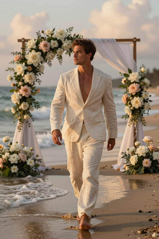 A man in a beige linen suit walks along a beach near a floral wedding arch at sunset.