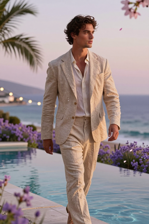 A man in a beige linen suit walks elegantly by the ocean at dusk.