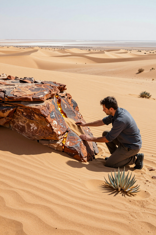 Un homme explore un vaste paysage désertique avec de grandes formations rocheuses et des dunes de sable.
