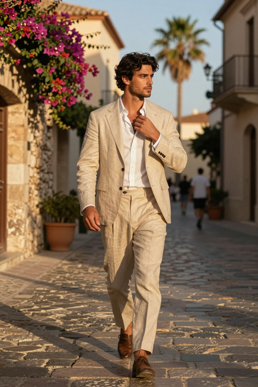 A stylish man walks down a sunlit cobblestone street wearing a beige linen suit.