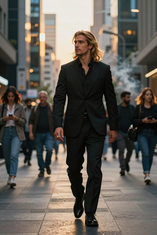 A stylish man in a black suit walks confidently through a busy city street.