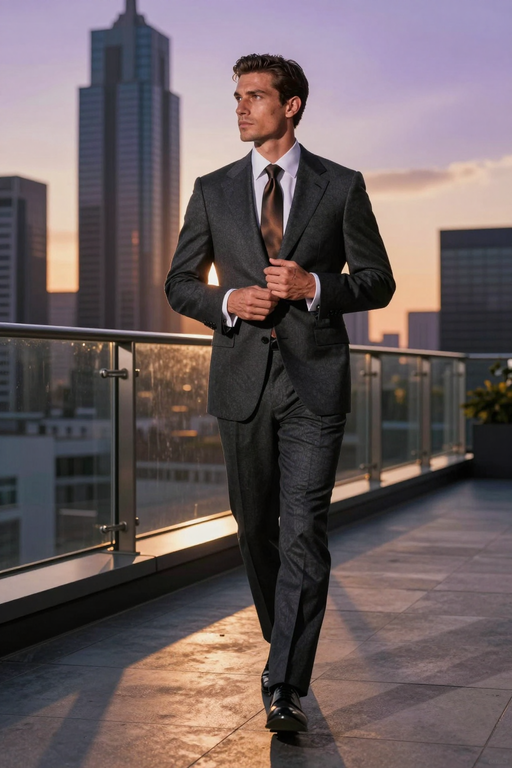 A professional man in a grey suit walks confidently on a rooftop overlooking the city skyline.