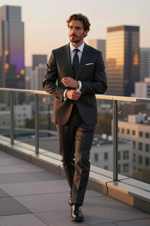 A man in a grey suit stands on a rooftop overlooking a cityscape during golden hour.