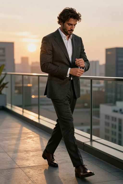 A stylish man in a grey suit walks across a rooftop terrace during sunset.